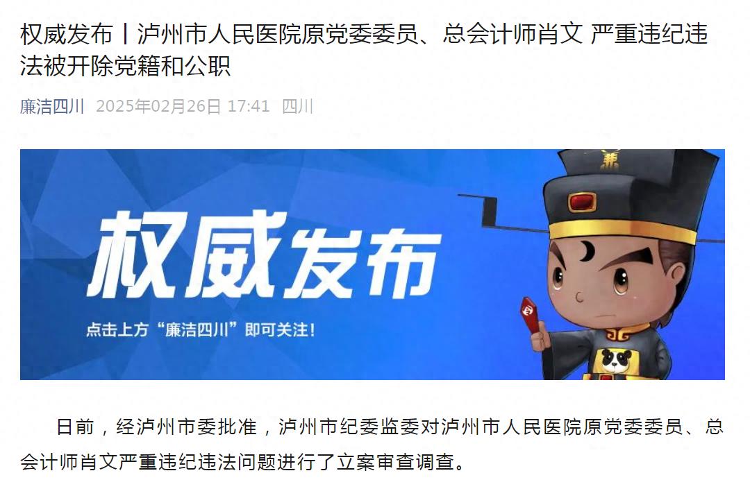 泸州市人民医院原党委委员、总会计师肖文严重违纪违法被开除党